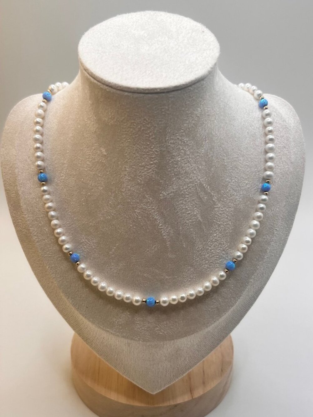 Pearl and Genuine Opal Necklace with 14K Gold Clasp, 15 Inch